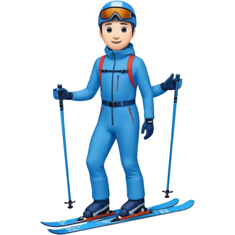 bearded man skiing down, blue outfit, smiling. full body view.  emoji