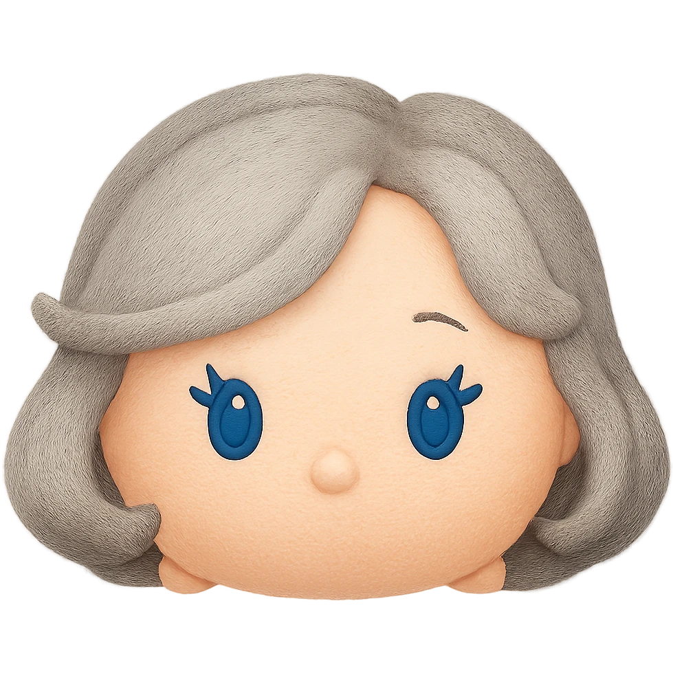 Change hair to pure silver grey with no blue or yellow cast, plush tsum tsum style, blue eyes, 1940s bob haircut, no body, no mouth, no white border, transparent background. emoji