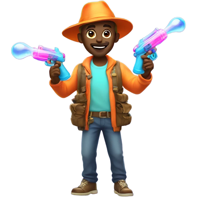 Guy in glowing outfit and hat with bubble guns in each hand emoji