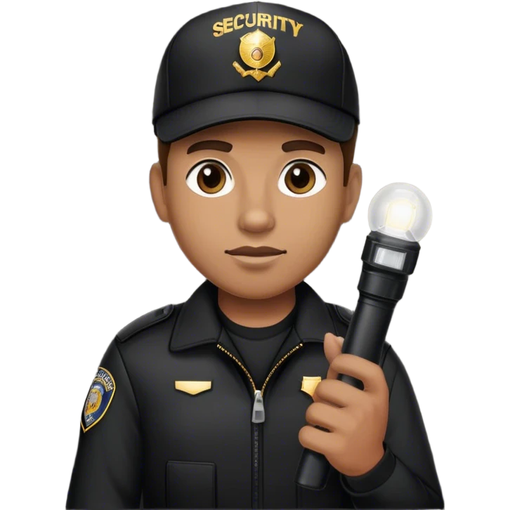 A vigilant male security guard wearing a black jacket, a baseball cap the word ‘SECURITY’  on it, He holds a flashlight , no police uniform, no badge emoji