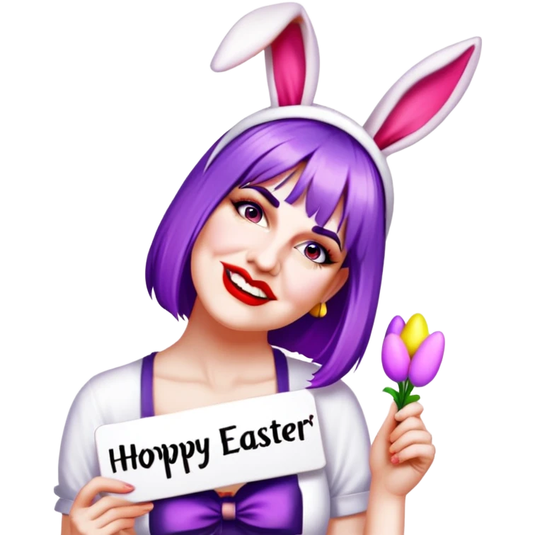 Purple hair , red lipstick with bunny ears holding a sign that says hoppy Easter  emoji