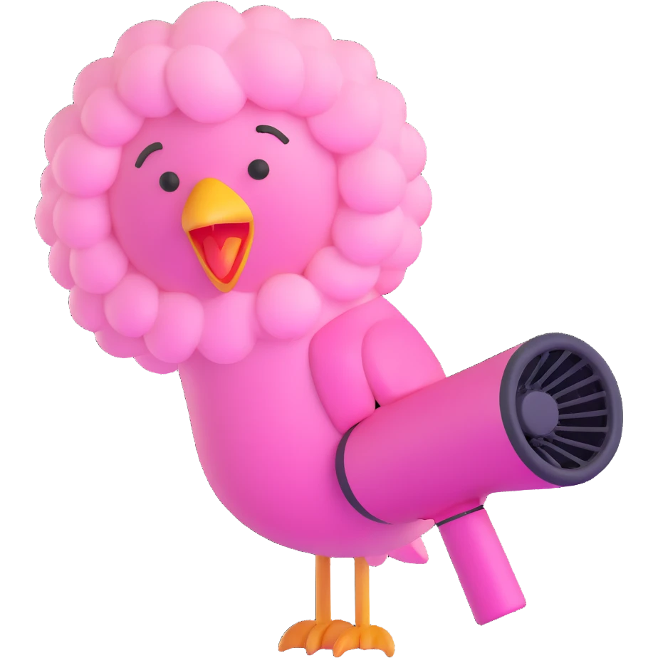 cute soft fluffy hair dryer bird, blowing gentle air, happy face, soft pink, full-body emoji