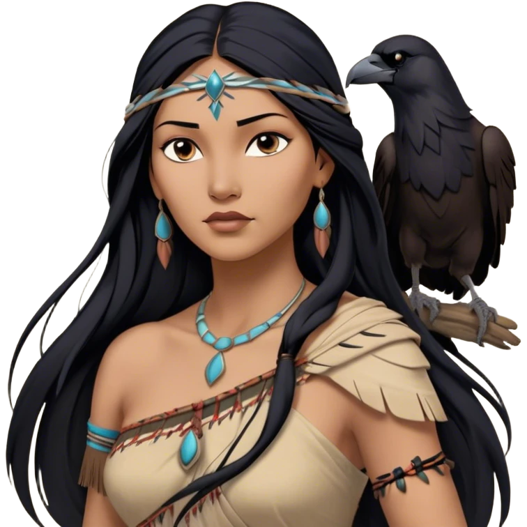 Cinematic Realistic Pocahontas Portrait, depicted with lifelike skin texture, soft natural lighting, and intricately detailed long, flowing raven-black hair that moves gracefully in the wind. Her deep, soulful dark brown eyes exude wisdom and strength, complemented by a serene yet powerful expression. She is dressed in her classic one-shoulder native american dress, with rich fabric textures and delicate beaded details that catch the light beautifully. The portrait features a soft, sun-kissed glow with a natural, radiant finish, capturing the essence of untamed beauty and deep connection to nature in a realistic and painterly style, evoking a sense of depth and authenticity. emoji