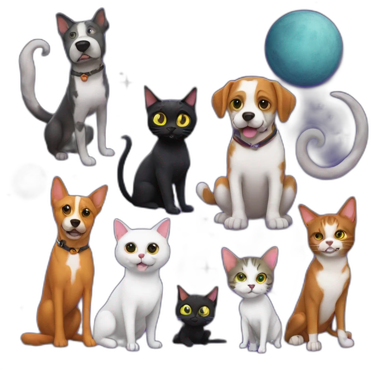 Halloween in the space with two dogs AND five cats emoji