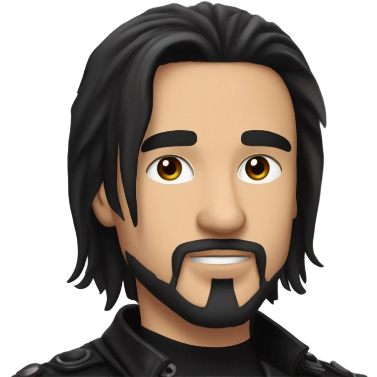 Man with long black hair, black goatee, square jawline, eyeliner, black leather jacket, black pants, black shirt and pentacle necklace emoji