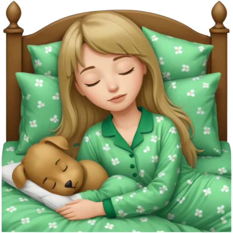 Young woman with long dark blond hair and a bang sleeping in bed  with green pyjama emoji