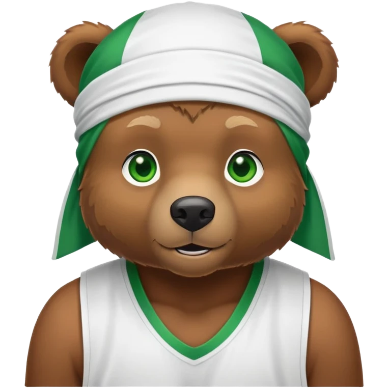 Cute brown bear with green eyes shown up to shoulders, wearing a white durag and black basketball jersey, visible upper chest and shoulders, iOS emoji style emoji