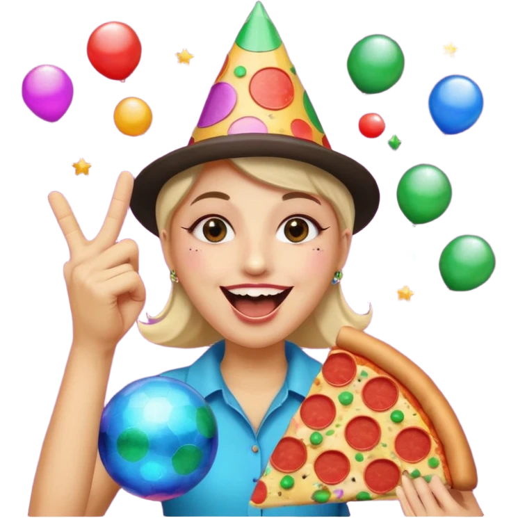 funny emoji called 'party Overload': laughing face with disco ball eyes, tilted party hat, making a finger gun with one hand, holding pizza in the other emoji