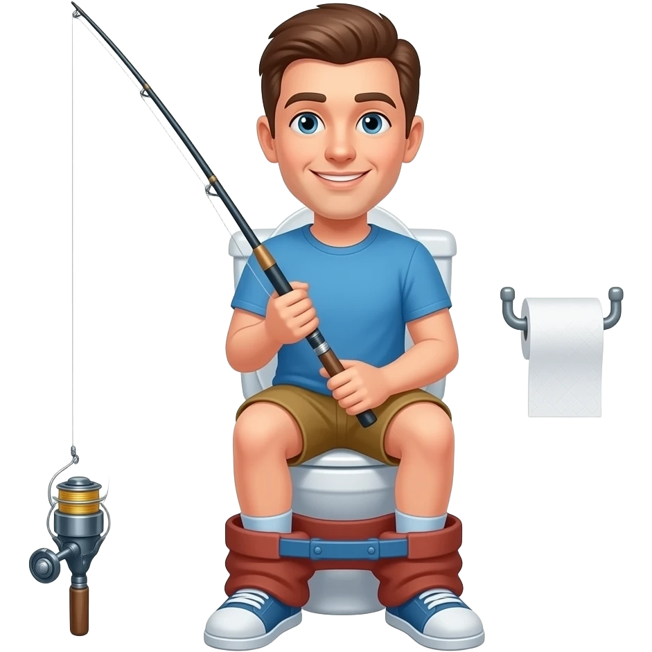 a guy on the toilet with a fishing reel toilet paper holder emoji