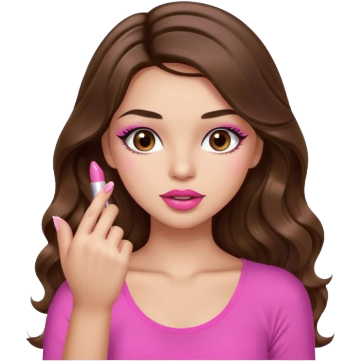 girl with long wavy brown hair, brown eyes, light to medium complexion, in a pink sexy top, pink lips, long lashes, puckered lips, showing my manicure one hand emoji