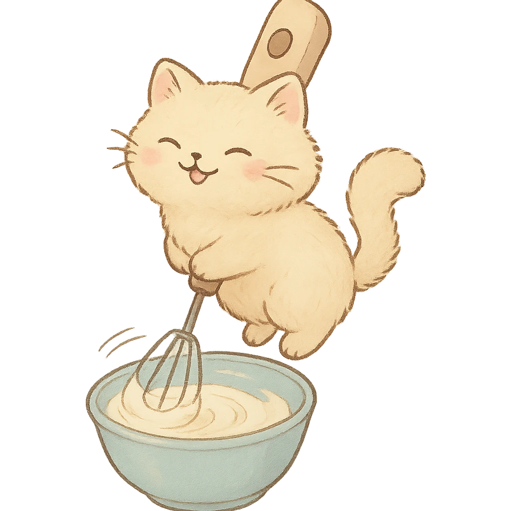 cute electric whisk shaped as a soft fluffy cat spinning cream joyfully, pastel tones, full-body emoji