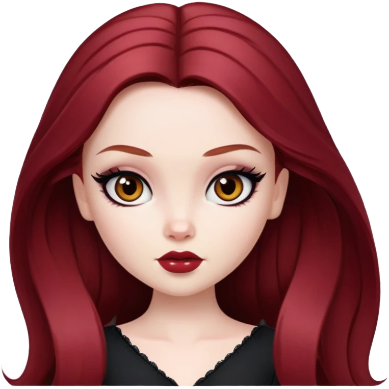 pretty bratz girl, tall, pale skin, dark red hair,  long hair, brown eyes, black eyeliner emoji