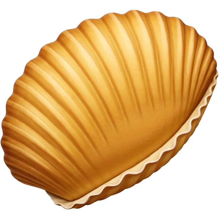 A madeleine pastry. Oval seashell shape with ONLY four to five vertical lines going in the same direction. Light golden brown. Scalloped edge. Cookie. Flat. Long. Oval shape. Lets scallops. Only four or five scalloped lines. Oblong shape. More length. Less roundness. More vertical length emoji