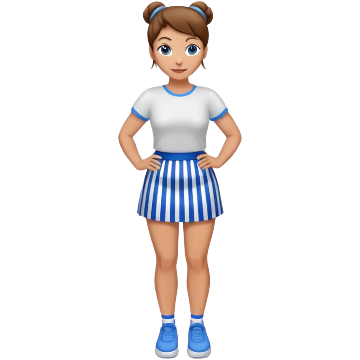 Pretty 50-year-old woman with 1 miniskirt that is blue and white striped brown hair in bun blue eyes and pretty legs emoji