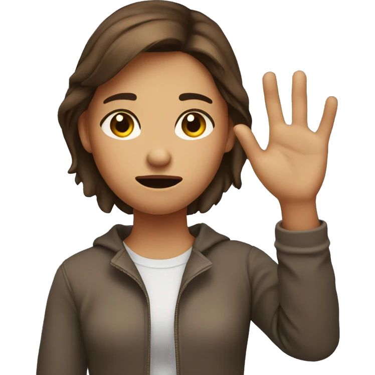 Annoyed brown haired girl with her hand up emoji