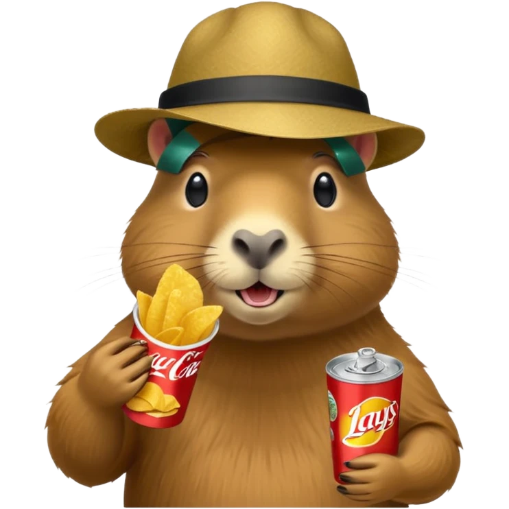 Capybara with a cool hat  eating Lays chips with coke emoji
