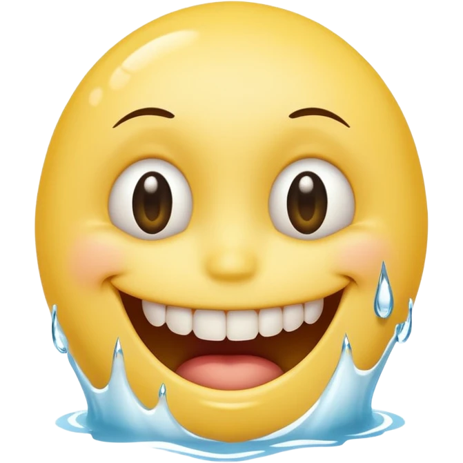 Yellow smiley face holding back tears with realistic watery eyes, and a big human tooth smile emoji