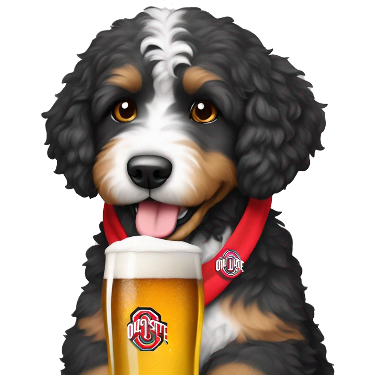 Bernedoodle with a beer wearing ohio state shirt emoji