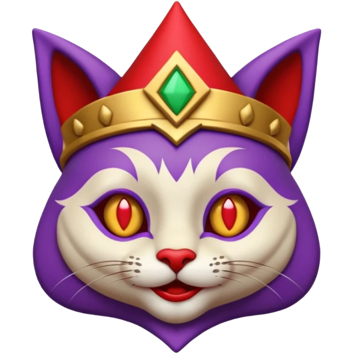 crazy colorful cute little cat jolly joker from poker, medieval, vintage, court jester, mac os icon, purple, gold and red color, half body. Squared shape as 3D mac os icon, symmetrical emoji