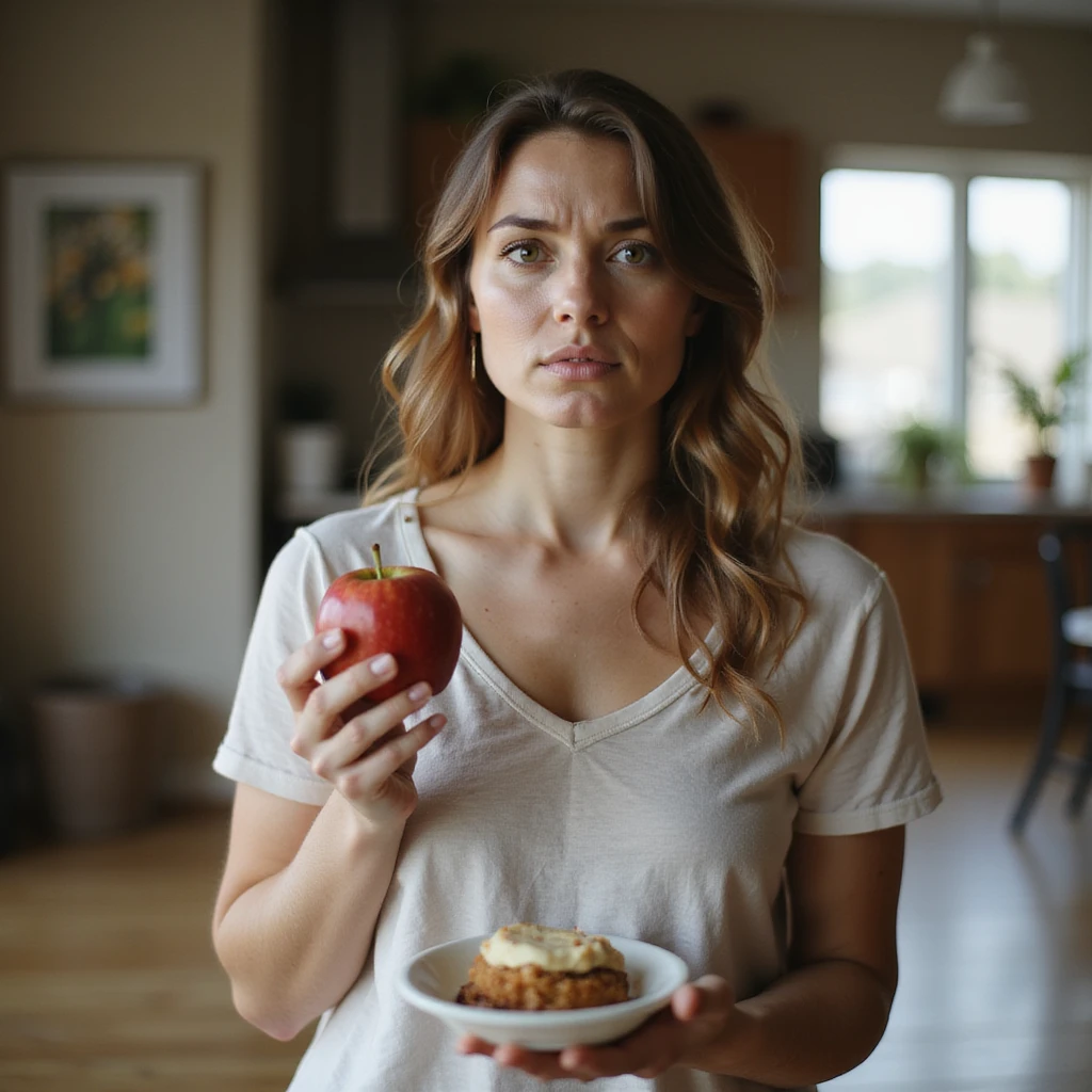 adult woman, photorealistic, alternating holding an apple and a dessert, confused expression, scale on the floor, natural light, kitchen background, concept of yo-yo diet emoji