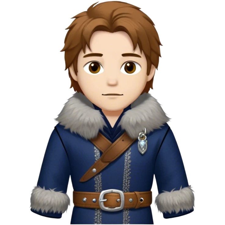 Medieval winter outfit worn by a DnD themed fantasy male character. Midnight blue felted wool tunic with silver fox fur collar, embellished with ornate metal clasps and a thick leather belt with decorative stitching. Clothes only above the waist, full waist coverage. The character has no arms. Character is white-skinned with honey brown hair, amber eyes, and shoulder-length straight hair with winter-weathered ends. emoji