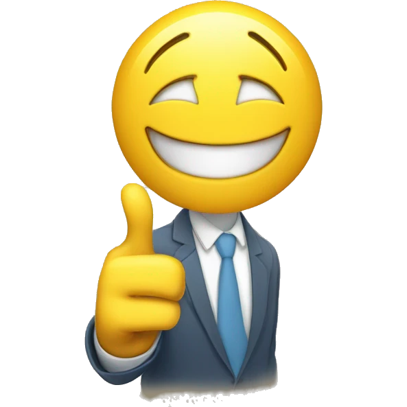 a yellow smiley with a smirk and two hands pointing upwards to portray satisfied success emoji