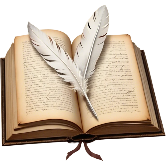 Create a poetic and elegant emoji representing poetry. The design should feature several vintage, gracefully flying pages with short, poetic columns written on them. A white feather quill should be depicted writing on one of the pages, with ink flowing smoothly. The pages should have a soft, antique look, with subtle details to convey the delicate nature of poetry. Use soft, light colors with a romantic, airy feel. Make the background transparent. emoji