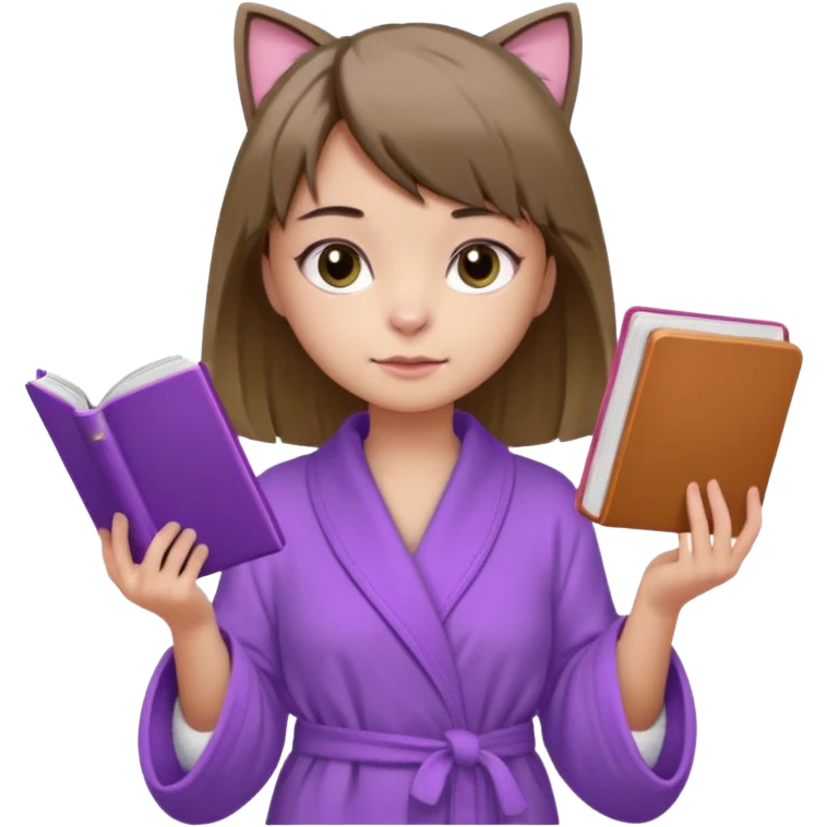 Девушка с короткими волосами до плеч русого цвета, посередине головы есть чёлка, с черными бровями, карие глаза, у неё фиолетовый халат, стоит в полный рост, в руках она держит розовую книгу, а возле ноги сидит кот  emoji