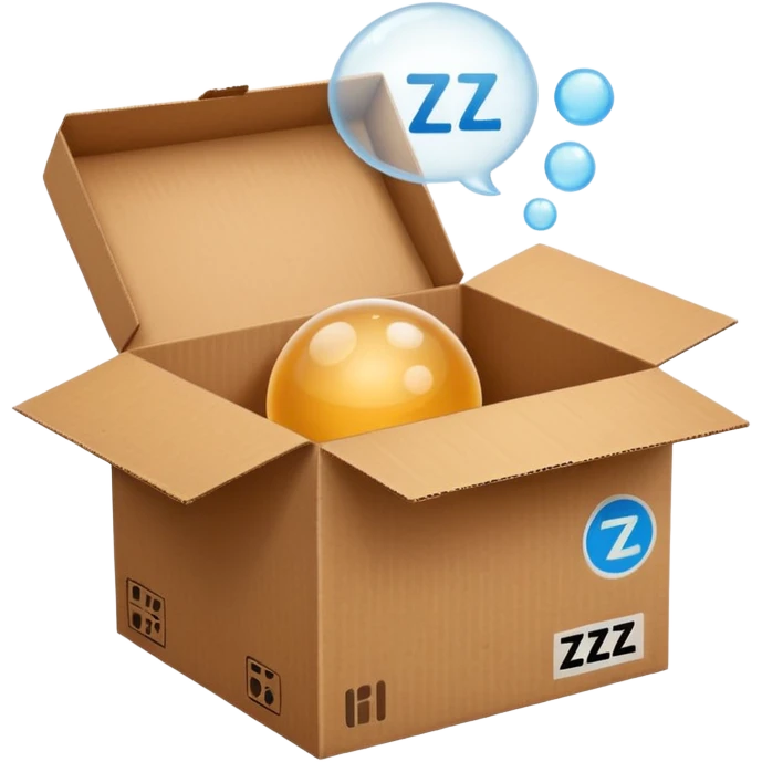 emoji of sleeping box, box is brown colored, open and empty, with a tiny Zzz bubble emoji