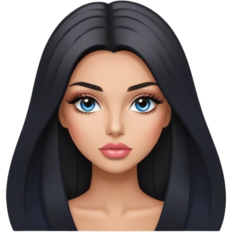 Glamours, tanned, very beautiful girl, with big pump peach-beige-rose lips, long long lashes, black straight smooth silky long hair, straight parting hair, blue-grey eyes emoji