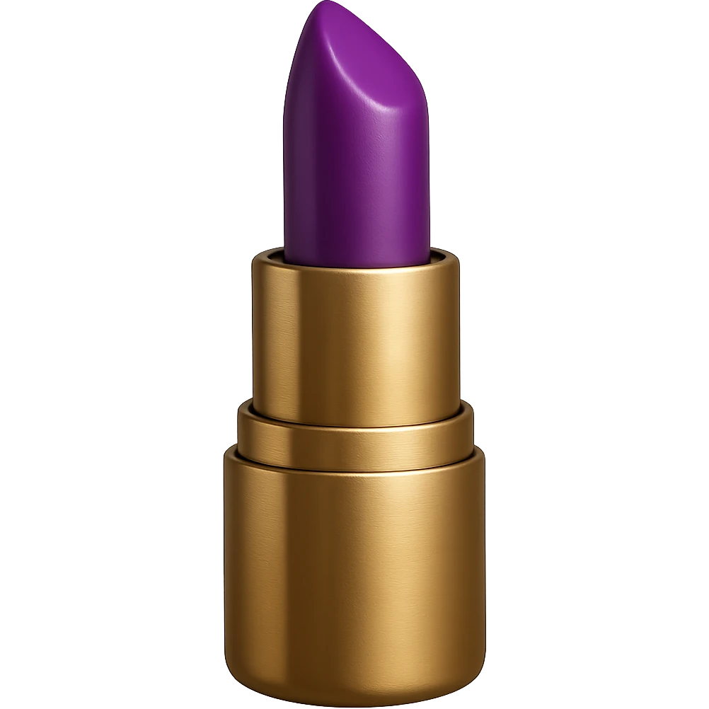 Create a realistic lipstick emoji with a gold case and purple lipstick. The image should have no background and be in a photorealistic style. emoji