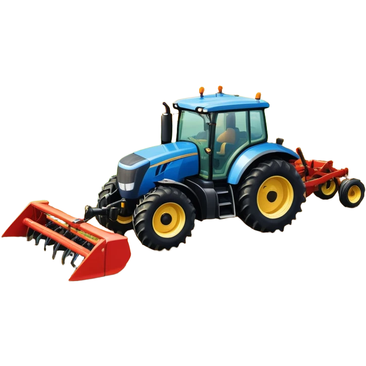 An icon representing a farming simulator, with a detailed tractor plowing fields under a bright sky with bright rural landscape. The design includes farming tools, crops and barns, symbolizing the immersive experience of managing a farm. Transparent background. emoji