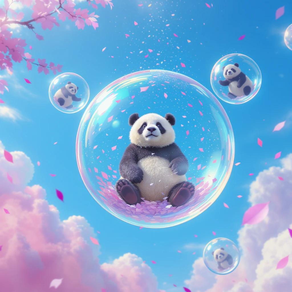 Realistic, Minimalistic Cinematic still of pandas bears sitting inside flying bubbles, blue sky filling background , pink clouds, pink leafs falling around emoji