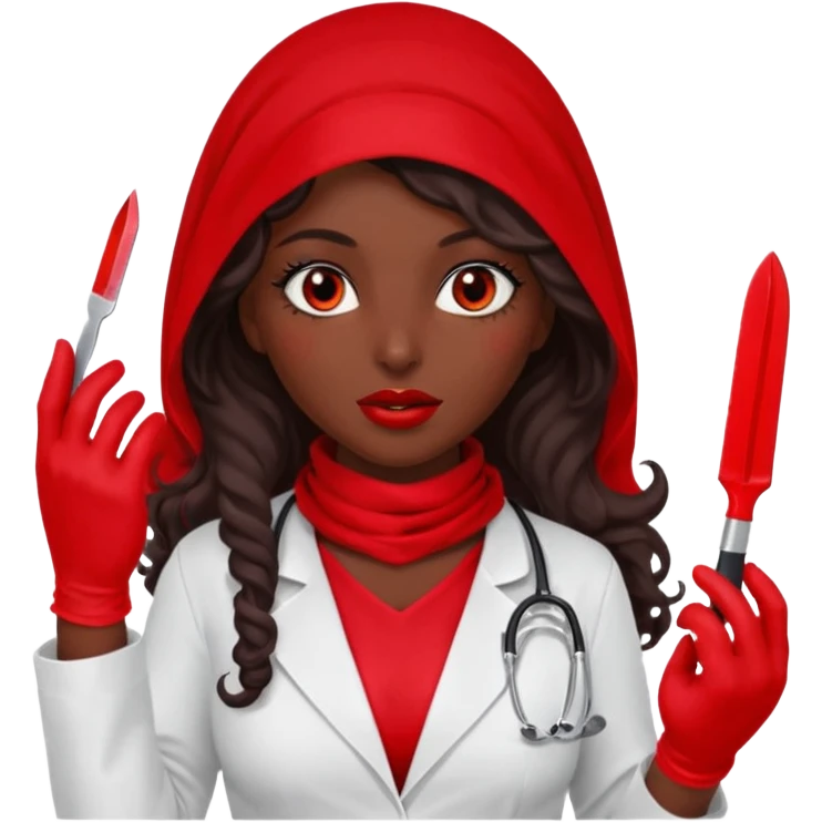 Lilith scalpel in hand, evil surgeon outfit.  She has red eyes. She has dark brown curly hair. Hair is long . Wears sexy doctor outfit with red gloves. Cover, neck and mouth with Muslim red burka emoji