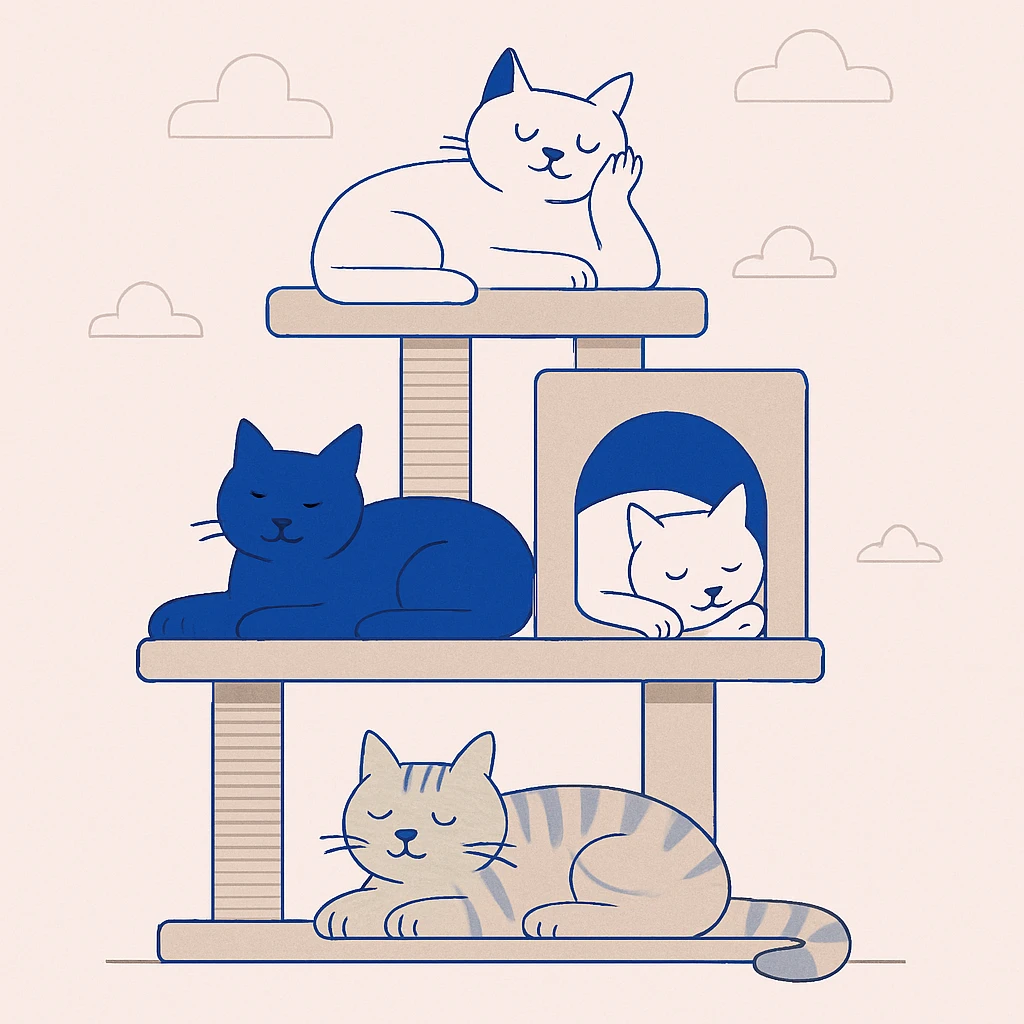 cats relaxing in a vertical playhouse emoji