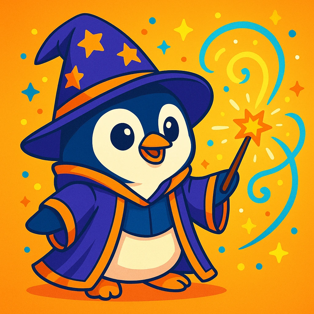 cute penguin wizard casting a spell, wearing a robe and holding a wand, colorful cartoon style emoji
