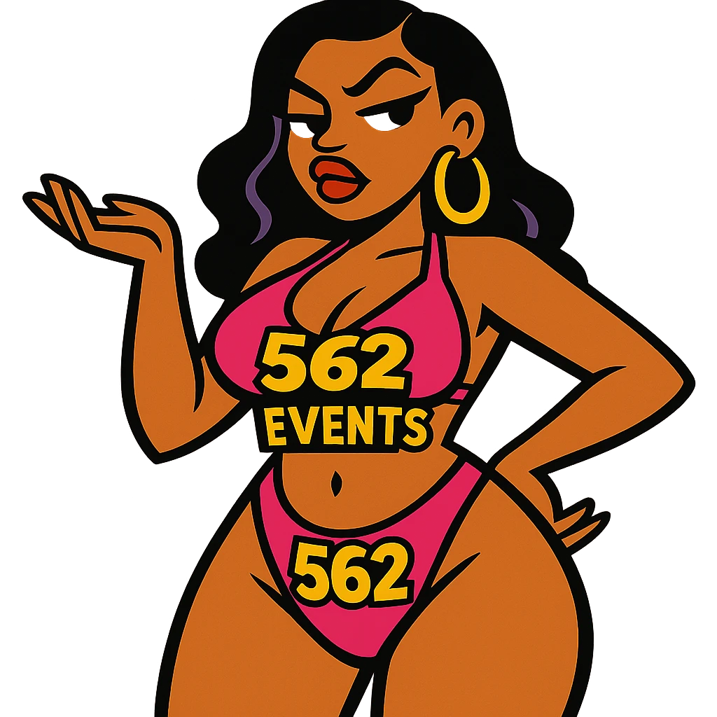 sassy baddie wearing a bikini with '562 Events' written across the bikini in a bold, readable style emoji