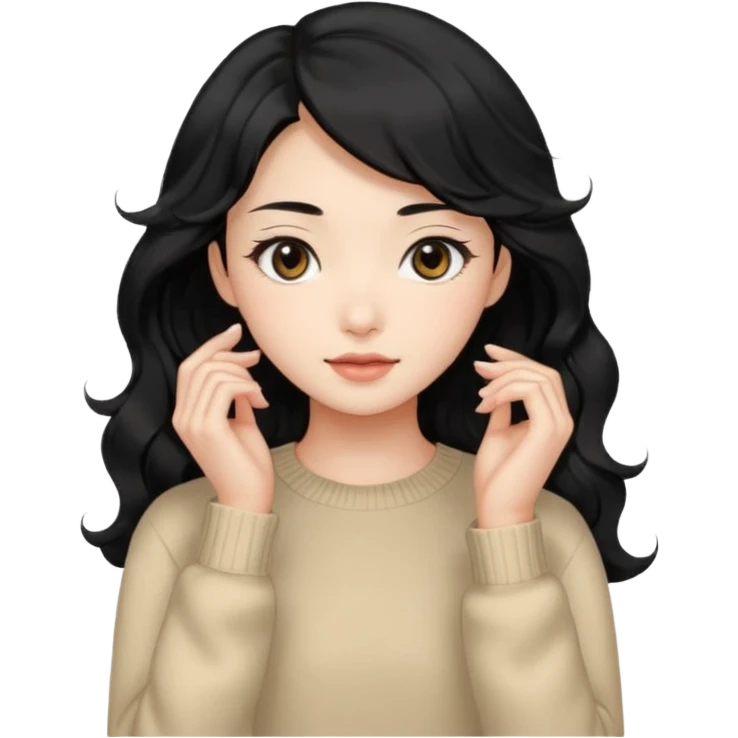 Beautiful girl,Black hair, wavy long hair,Black eyes,Chinese, beige sweater  emoji