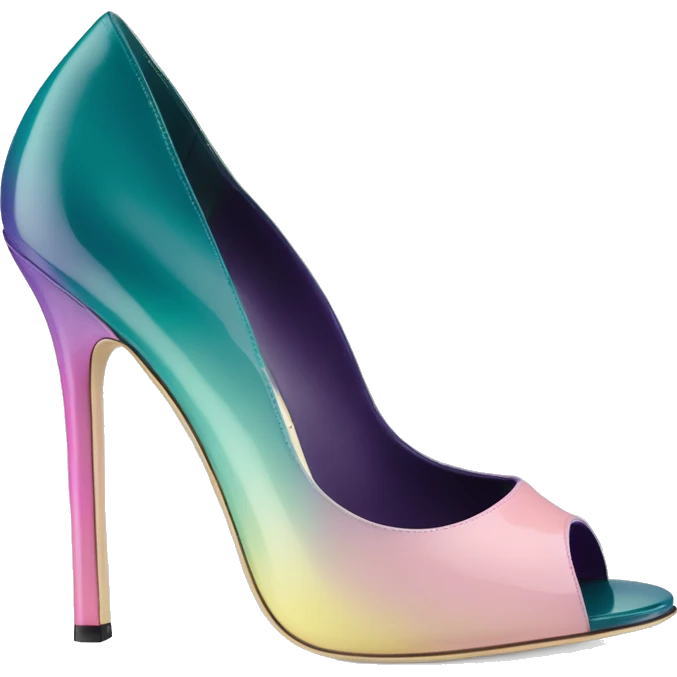 Realistic isolated front view of a pair of dark teal,pastel pink,pastel purple,and yellow ombre Jimmy Choo stiletto peep toe ankle boots. emoji