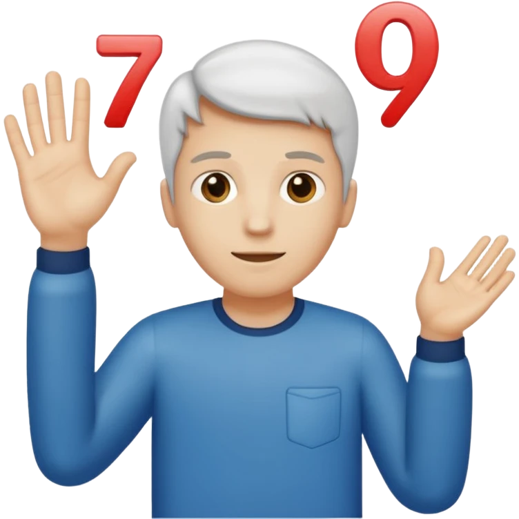 Man holding hands to the side, above left hand floats the number 6, above right hand floats the number 7 emoji