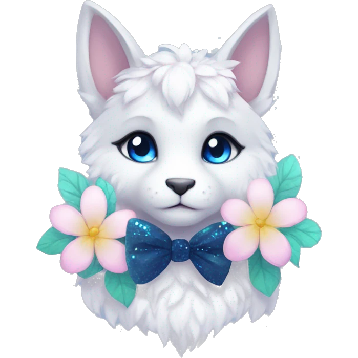 Anthro Cute Cool Kawaii gorgeous sparkly ethereal fantasy animal creature with blue eyes furry sona with flowers and bow tie beautiful aesthetic emoji