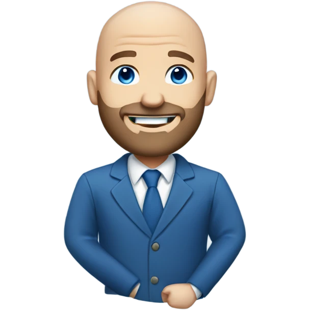 blue-eyed smiling bald man with a beard in a blue suit emoji