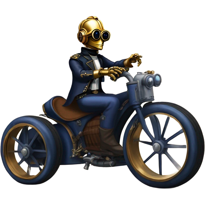Bounty hunter C-3PO wearing a pair of navy-blue rimmed steampunk goggles, hat, leather chaps, fringe jacket riding a fast 3 wheeler trike steampunk motorcycle on ice  emoji