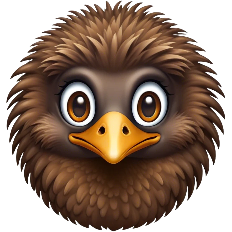 Cinematic Cute Emu Portrait Emoji, Head tilted playfully and inquisitively, featuring a glossy, textured brown plumage with a perky head and round, sparkling eyes full of curious wonder, Simplified yet irresistibly adorable features, highly detailed, glowing with a warm, friendly glow, high shine, affectionate and lively, stylized with a touch of outback whimsy, bright and endearing, soft glowing outline, capturing the essence of a mischievous yet loving emu, so playful it feels like it could gallop out of the screen into your arms! emoji