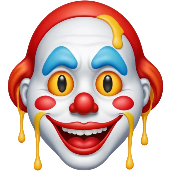 melting clown emoji half face drooping like melting face, half classic clown features, bright colors, red nose, emoji style emoji