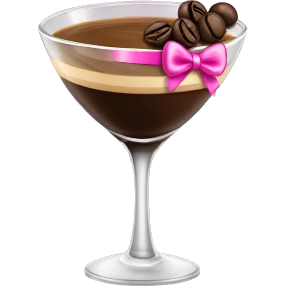 An espresso martini with 3 espresso beans on top and the stem has a pink bow on it emoji
