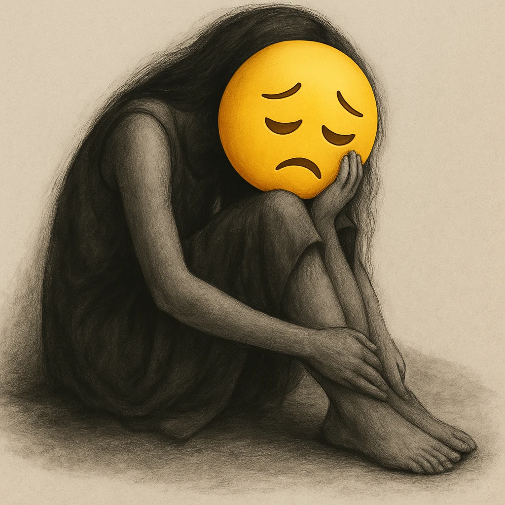 Replace the girl's face with a classic yellow emoji face, keeping the rest of the image and mood unchanged. The style should resemble a classic yellow emoji face. emoji