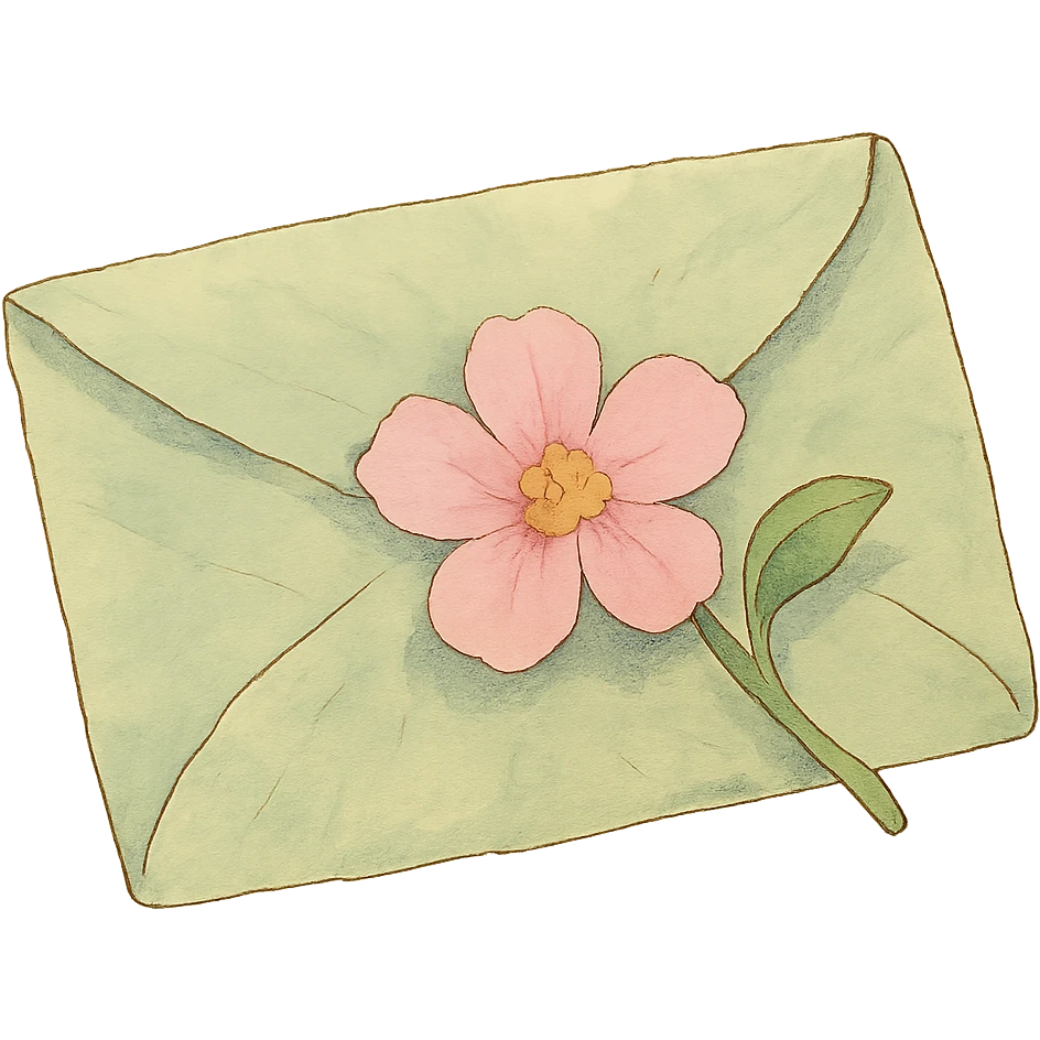 leaf envelope sealed with a flower, pastel greens and pinks, soft pastel Ghibli style emoji
