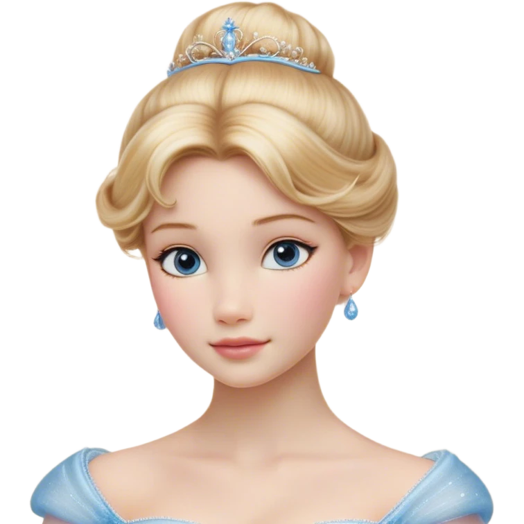 Cinematic Realistic Cinderella Portrait, depicted with lifelike skin texture, subtle rosy undertones, and soft natural lighting that enhances the gentle contours of her face. Her intricately detailed golden blonde hair is elegantly styled in an updo, with delicate wisps framing her face for added realism. Her deep, expressive blue eyes radiate warmth and sincerity, reflecting a quiet resilience and grace. She is dressed in her iconic ball gown, the fabric shimmering with intricate embroidery and fine translucent layers that catch the light beautifully. The soft sheen of satin gloves and the delicate sparkle of a glass-like slipper peeking from beneath her dress add a touch of magical realism. The portrait features an enchanting glow with a natural, luminous finish, seamlessly blending realism and fairytale charm to evoke a sense of depth, elegance, and timeless beauty. emoji