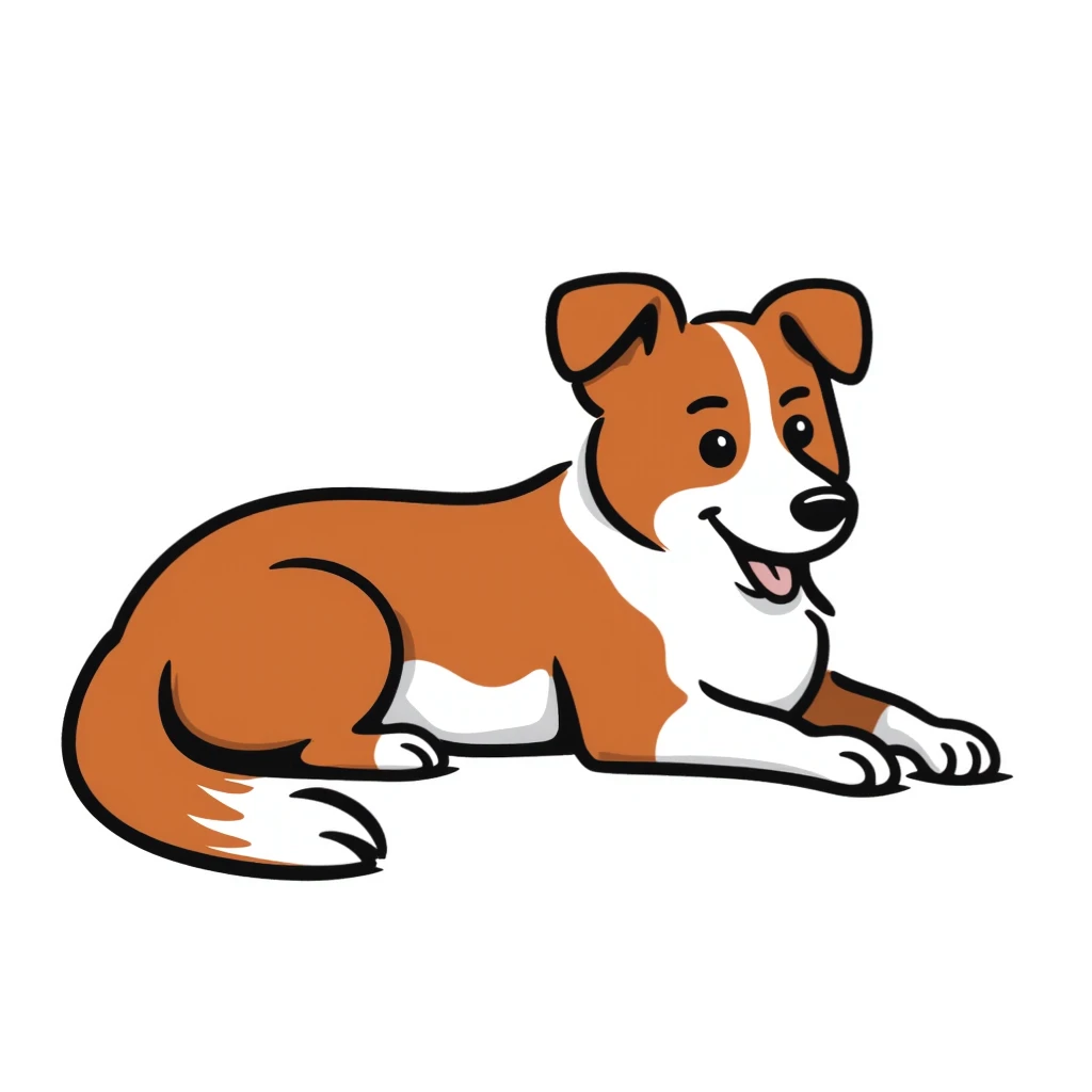 Red merle Australian Shepherd dog laying down, reddish-copper coat with white patches, relaxed emoji